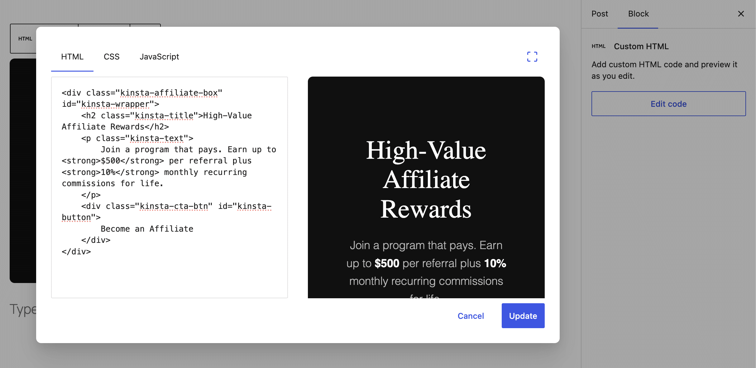 A modal to add code to the HTML block in WordPress 7.0.