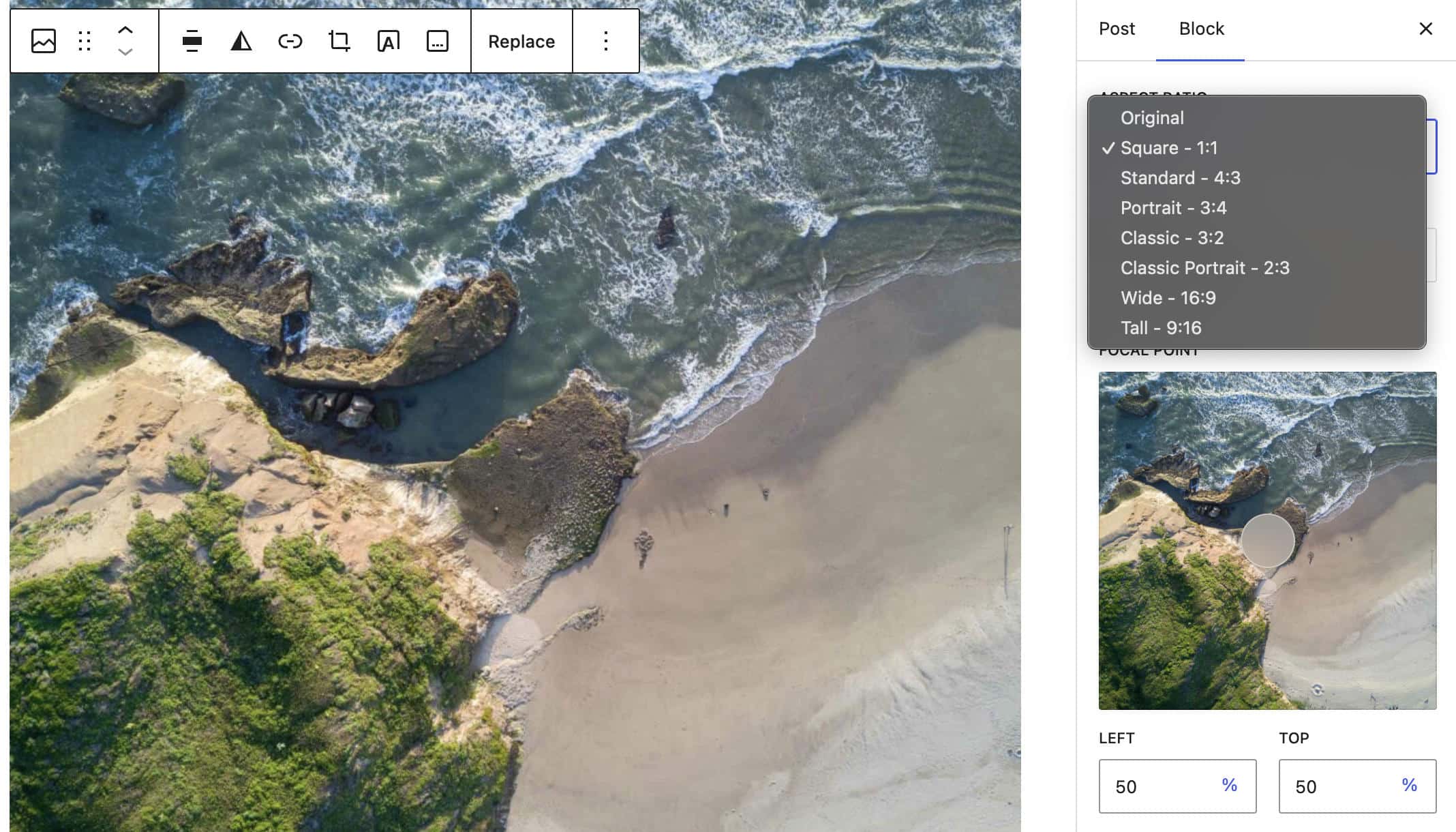 Aspect ratio control for the Image block in WordPress 7.0.