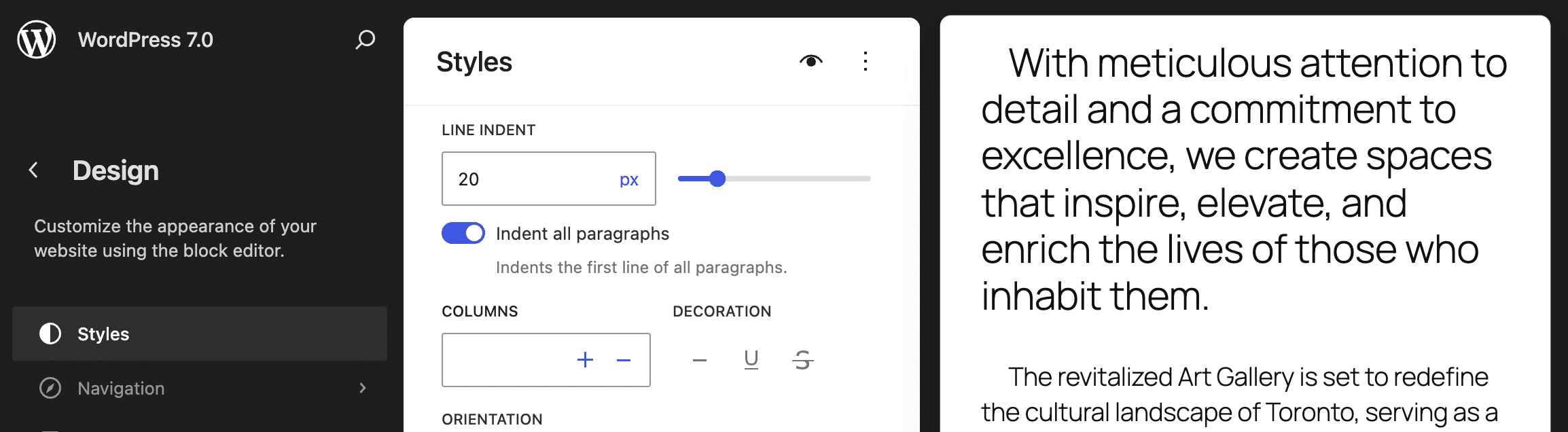 Line indent control in Global Styles