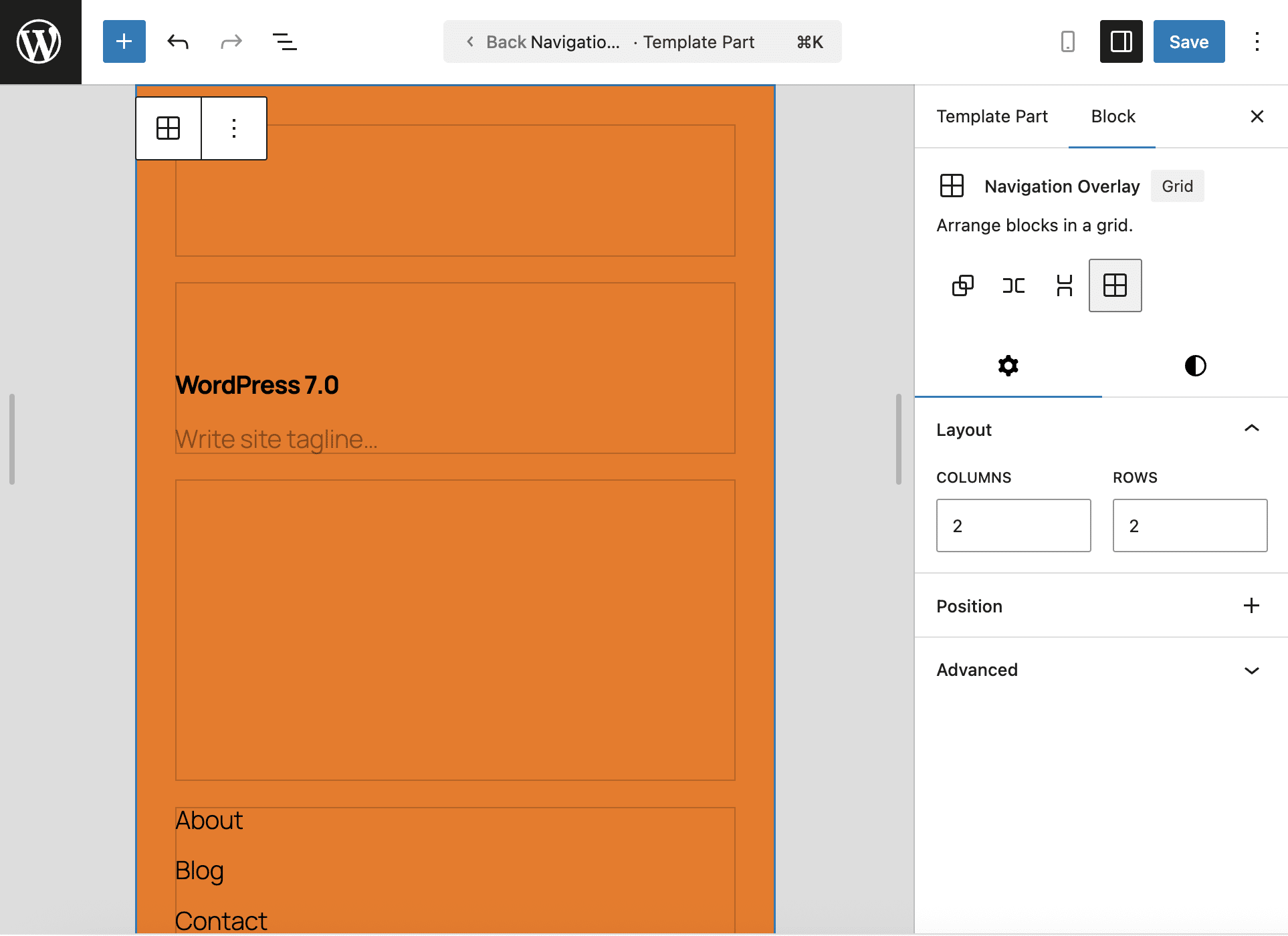 Configuring blocks in a Navigation Overlay.