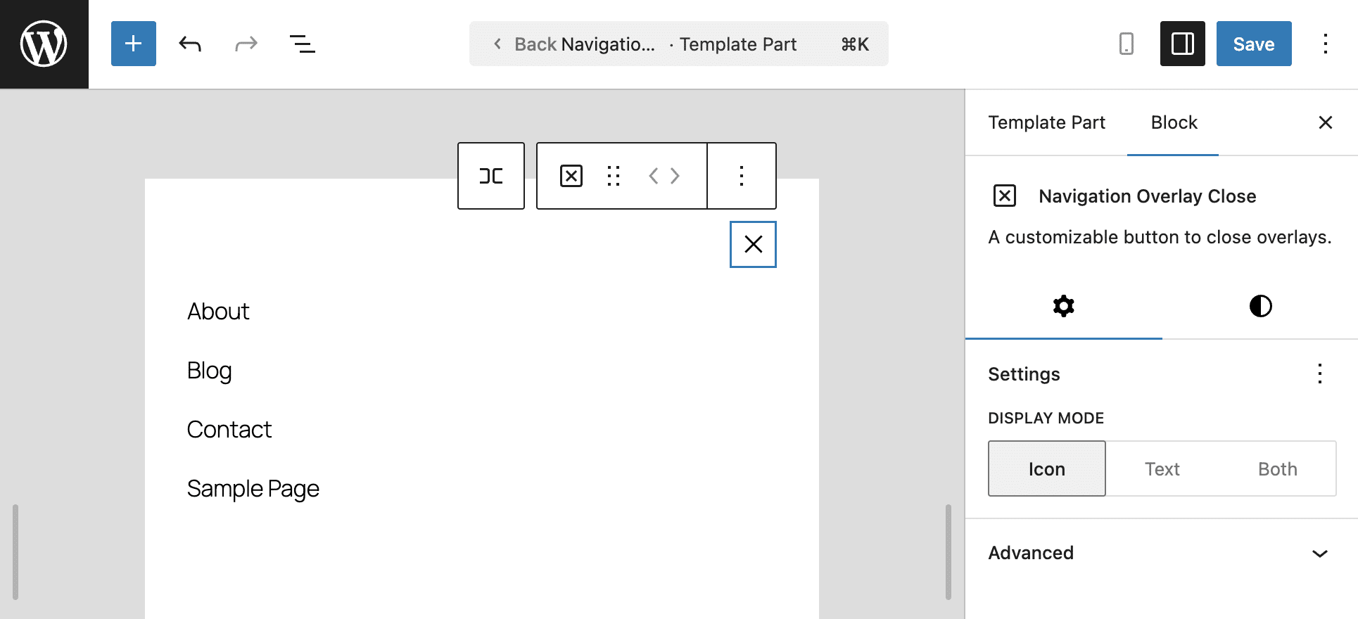 Navigation Overlay Close block settings.