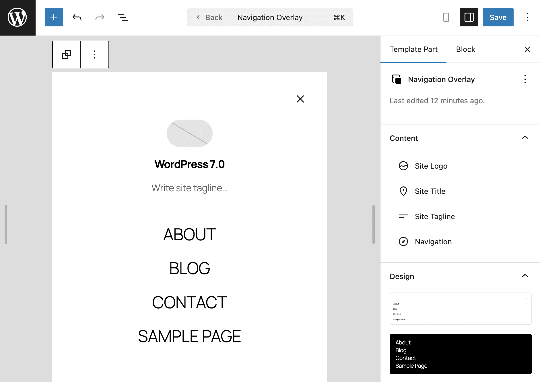 Navigation Overlay template part settings.