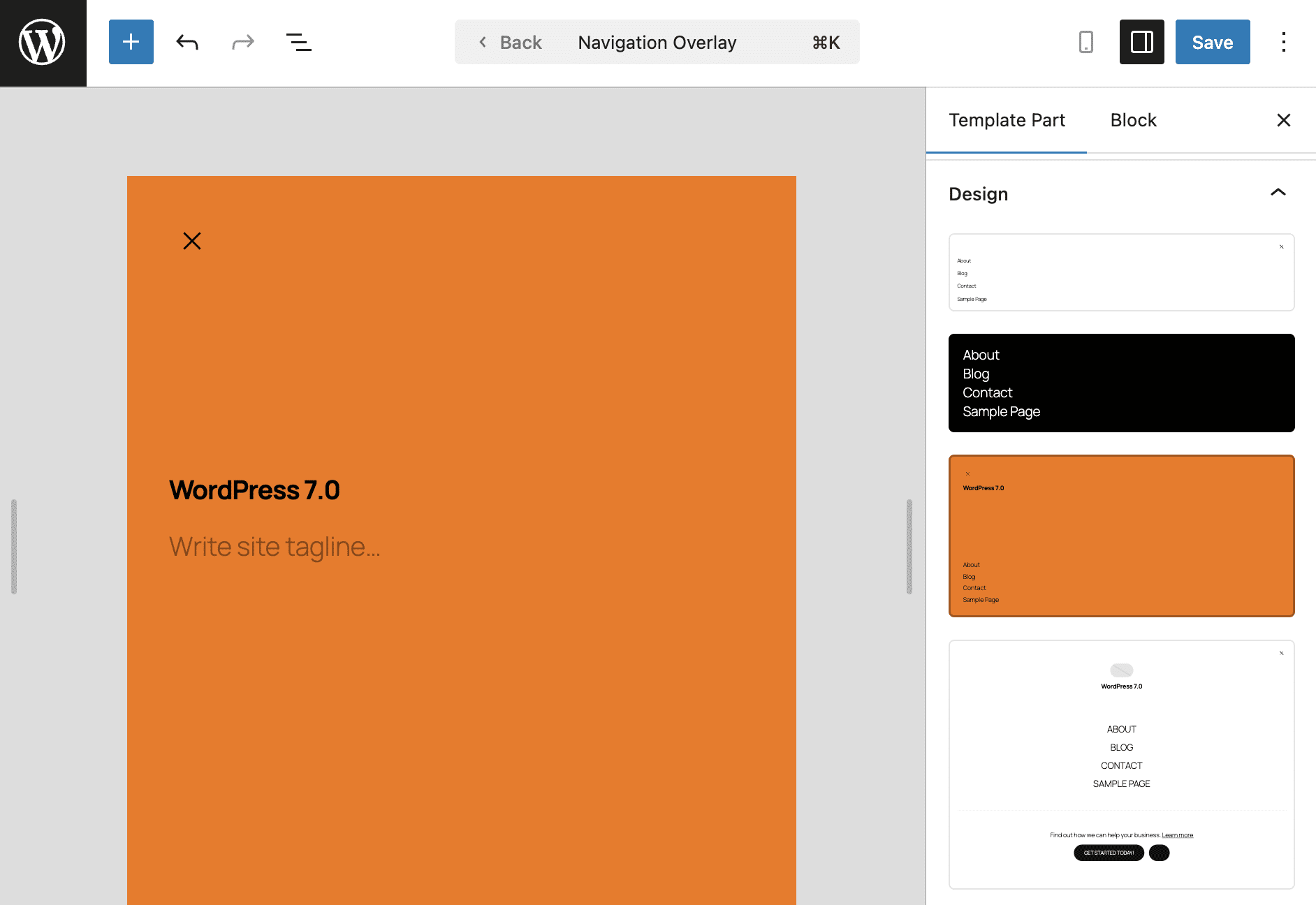 The Designs section of the Template Part sidebar provides a set of pre-built patterns.