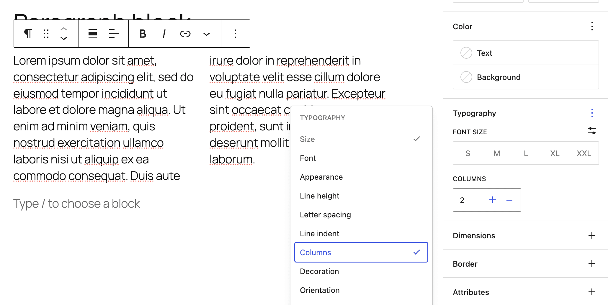 The Paragraph block now supports text columns.