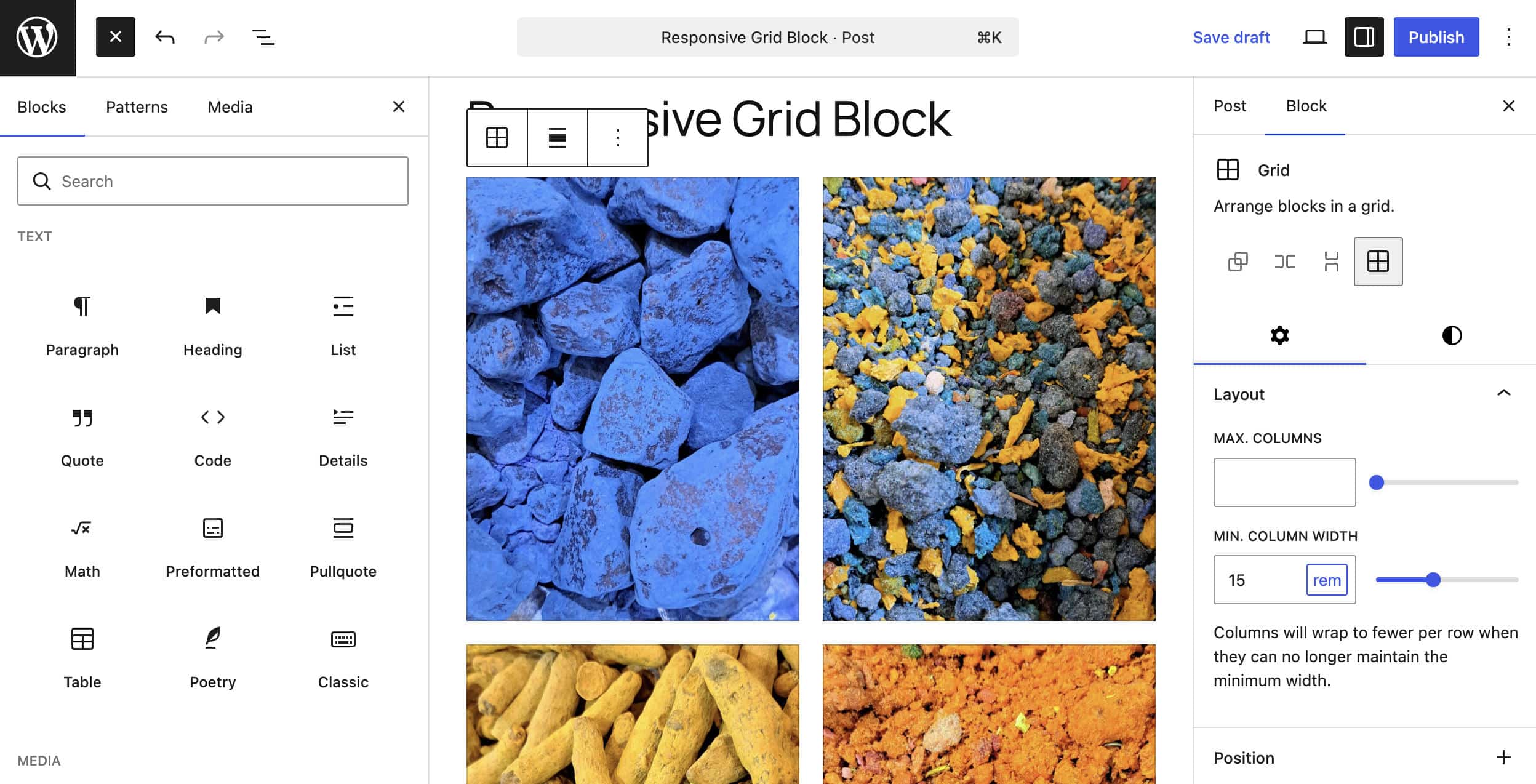 The Grid block on a small screen.