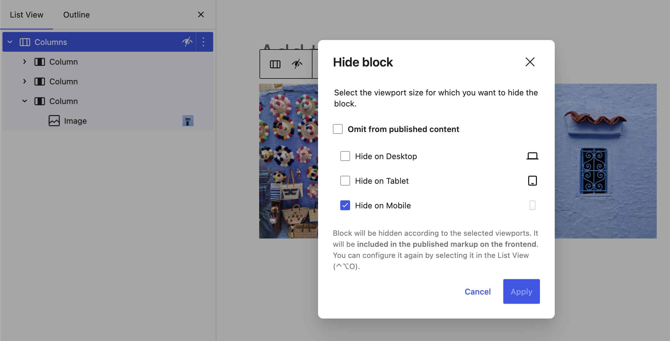 The block visibility modal in WordPress 7.0