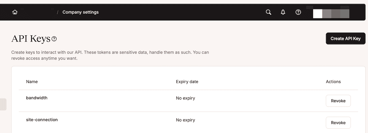 The MyKinsta dashboard showing the API Keys screen.