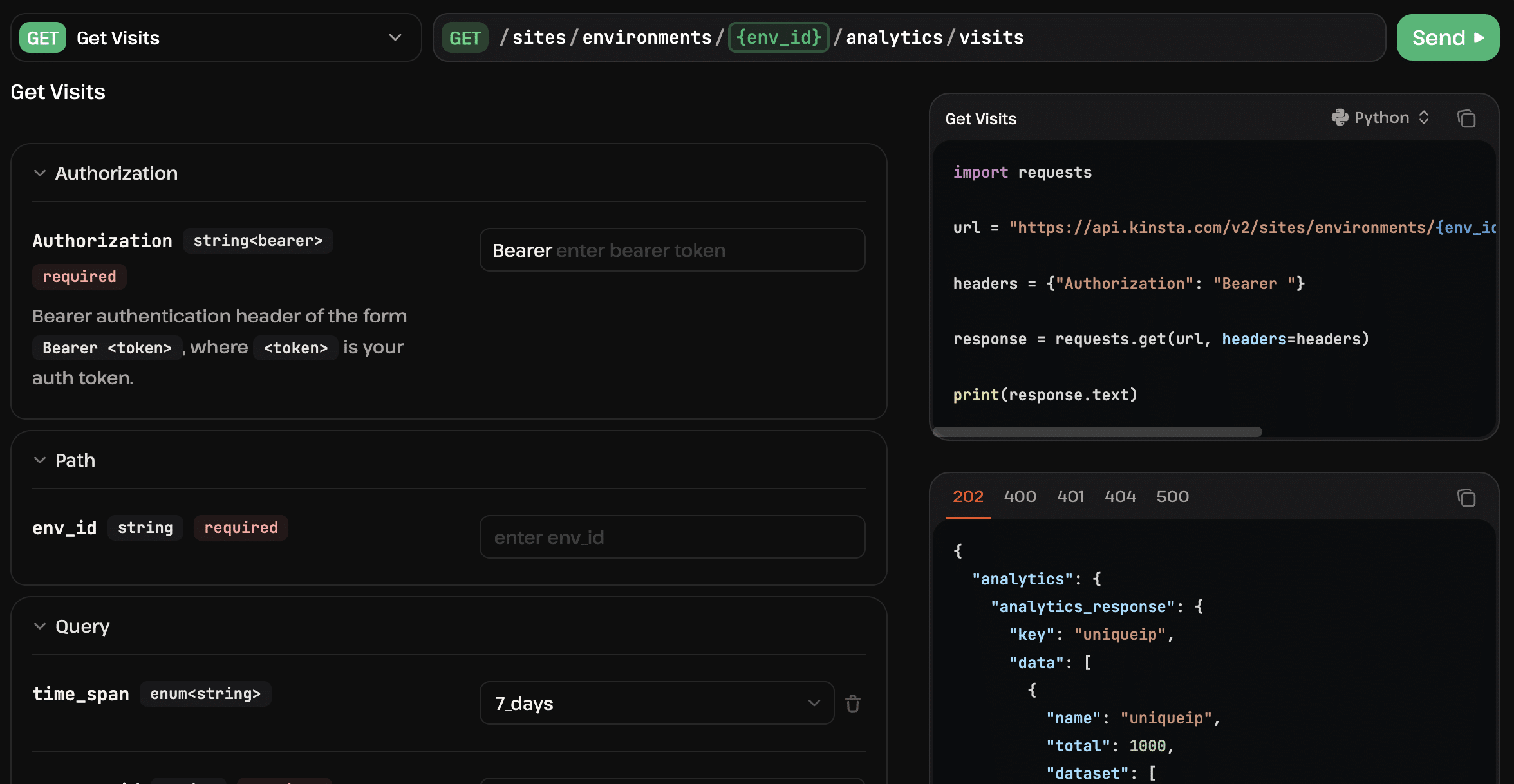 Test the Kinsta API in the API playground.