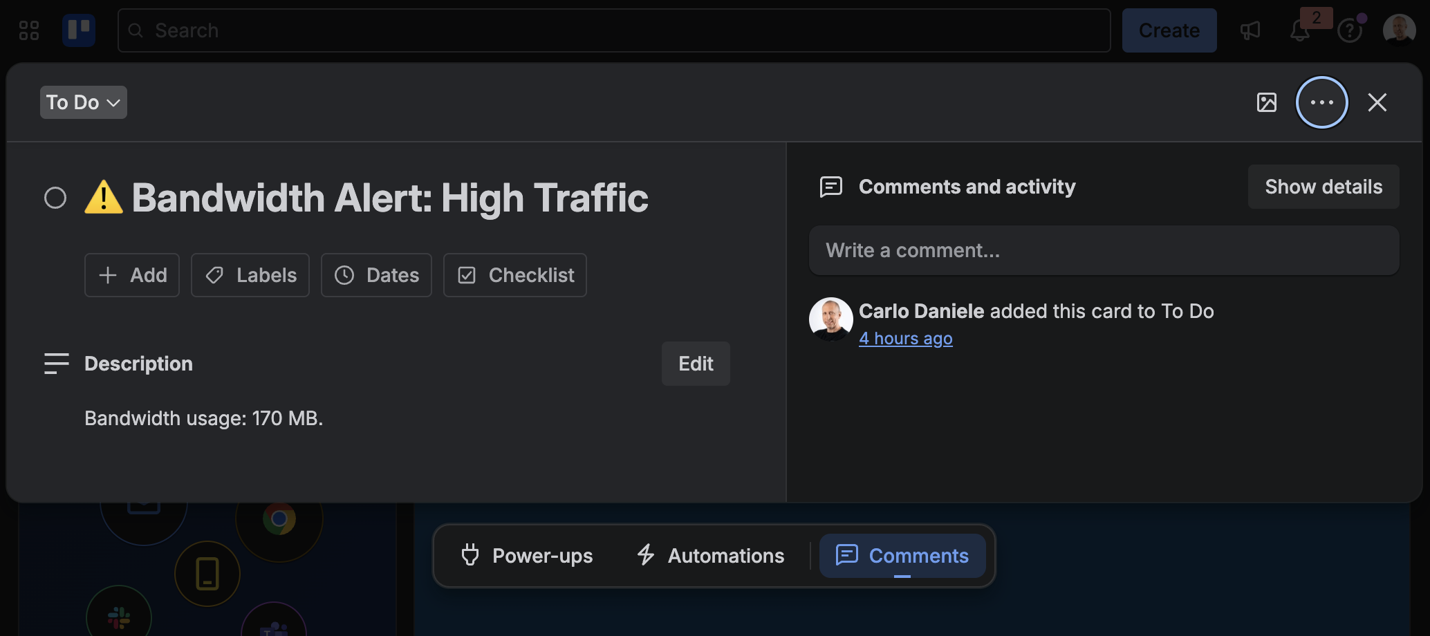 A trello card created automatically after a bandwidth check