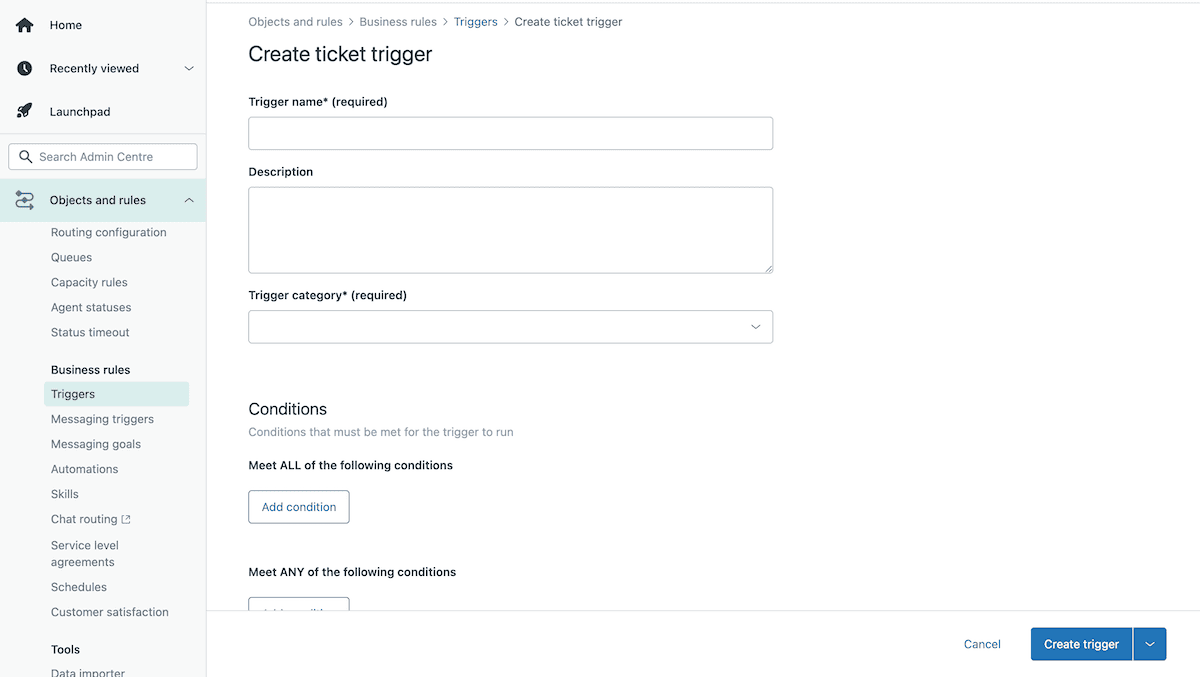 The Zendesk Triggers page showing an empty trigger creation page with empty fields.