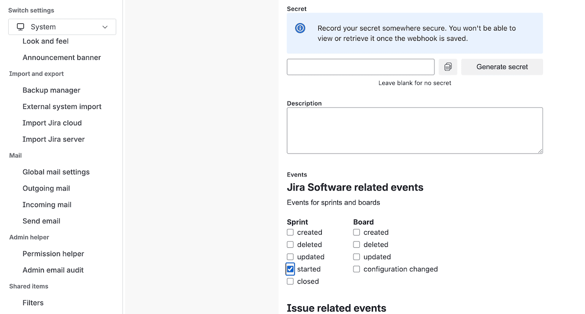 The Jira webhook creation form showing the name field, URL field, and Events section with Sprint started selected.