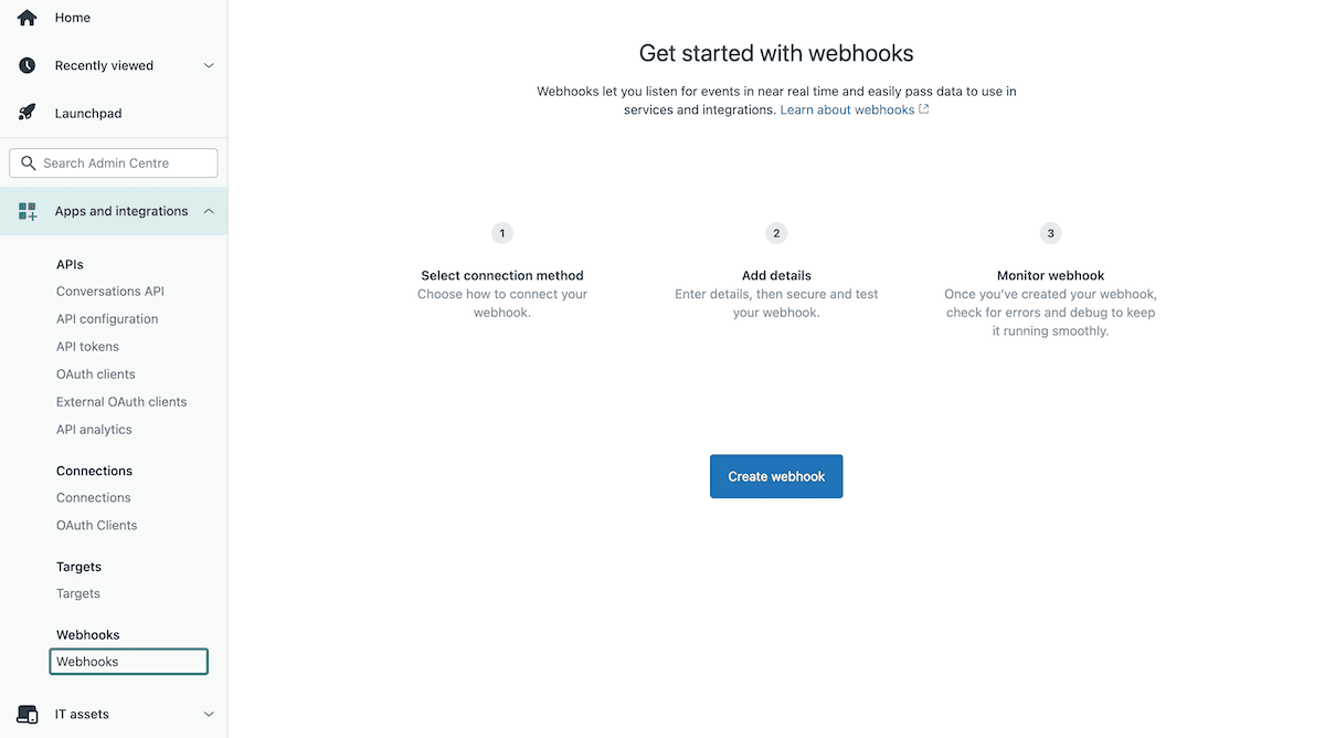 The Zendesk Webhooks page showing the option to create a new webhook with a blue button in the center of the screen.