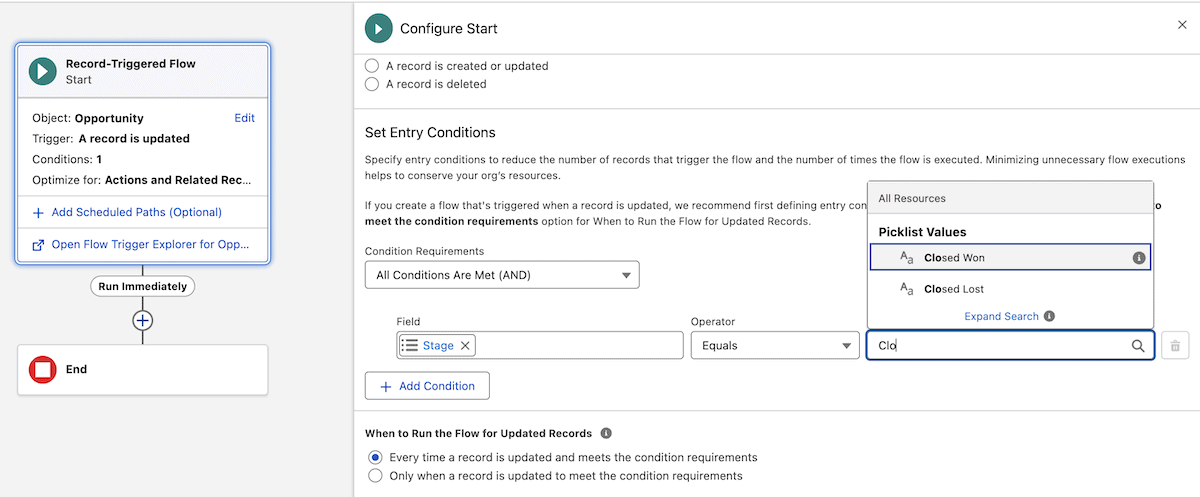Flow Builder screen showing completed fields for a new record-triggered flow.
