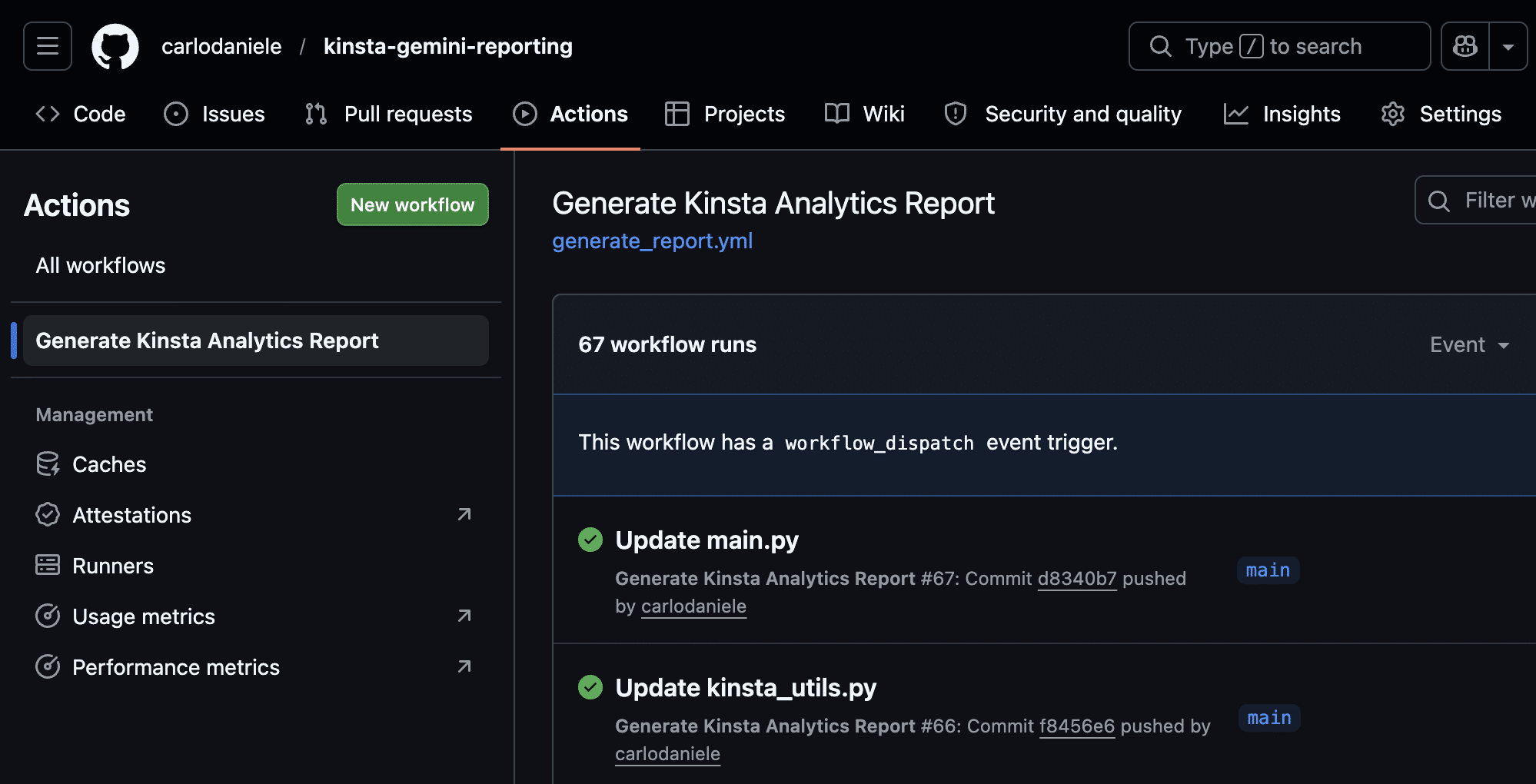 The Actions tab shows a list of workflows.