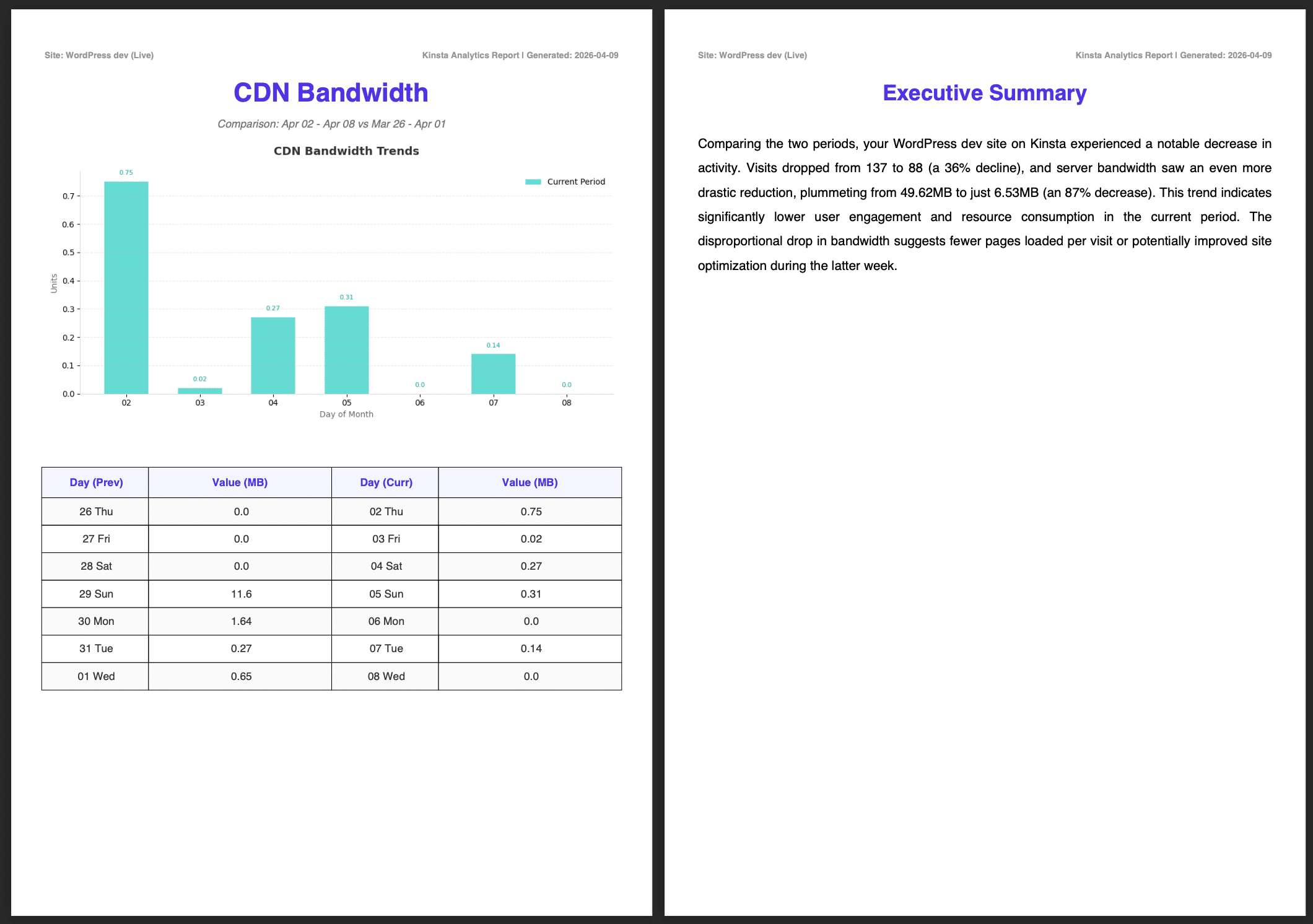 CDN Bandwidth and Executive Summary report pages.