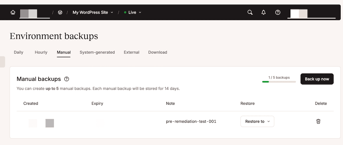 The MyKinsta Backups screen showing a new backup created from a Zendesk ticket, complete with a relevant note.