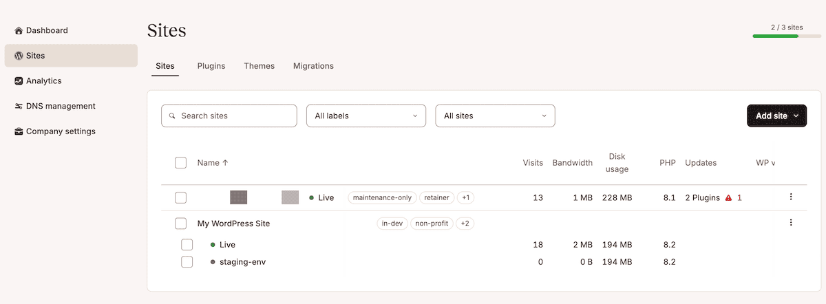 The MyKinsta dashboard showing the environments list for a WordPress site, with a sprint-named plain staging environment visible alongside the live environment.