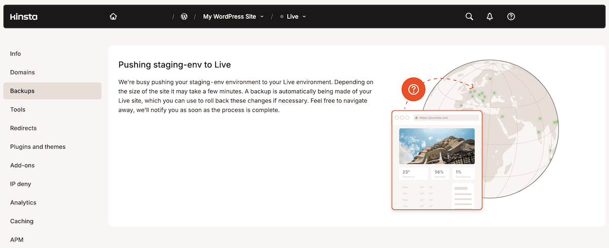 MyKinsta dashboard showing a staging site being pushed live.