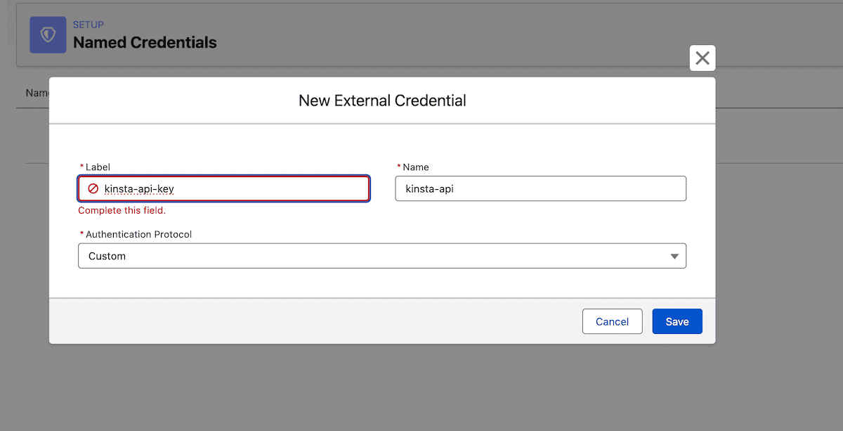 Fields for a name, label, and authentication protocol.