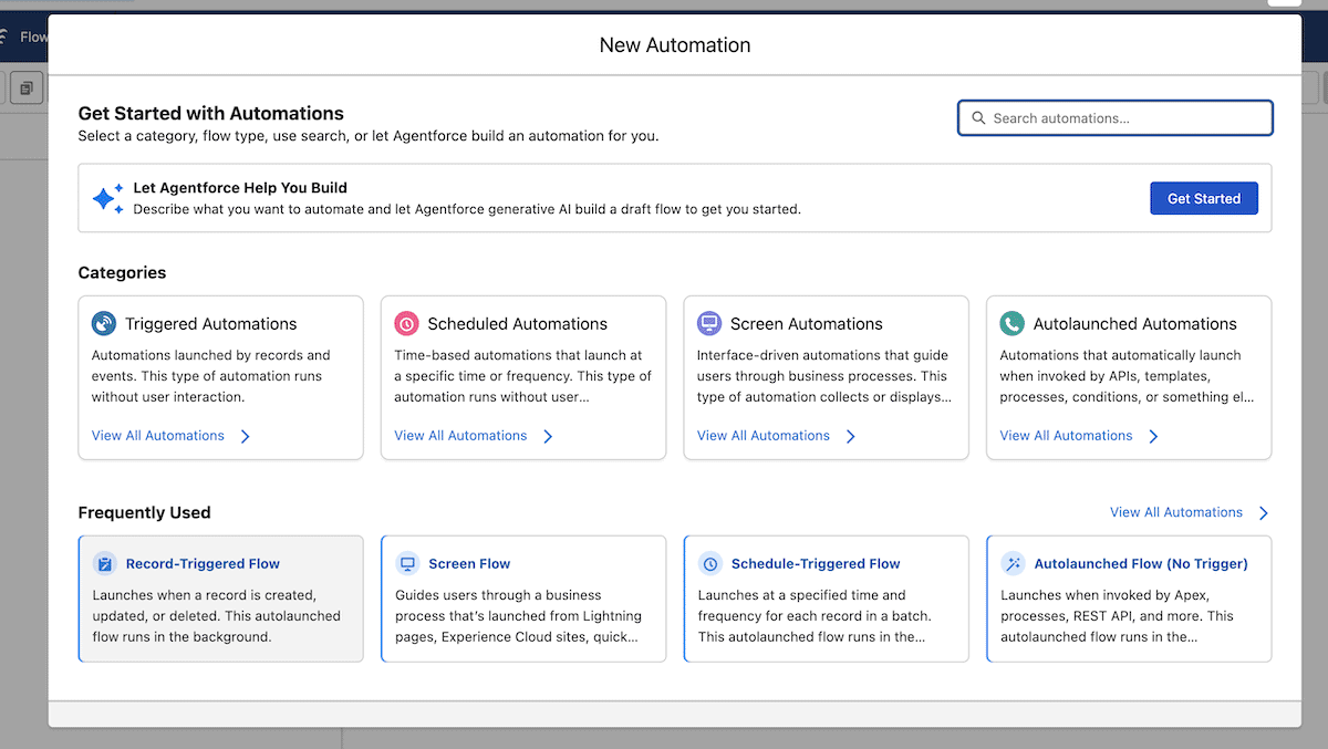 Record-Triggered Flow option alongside other choices to build automations.