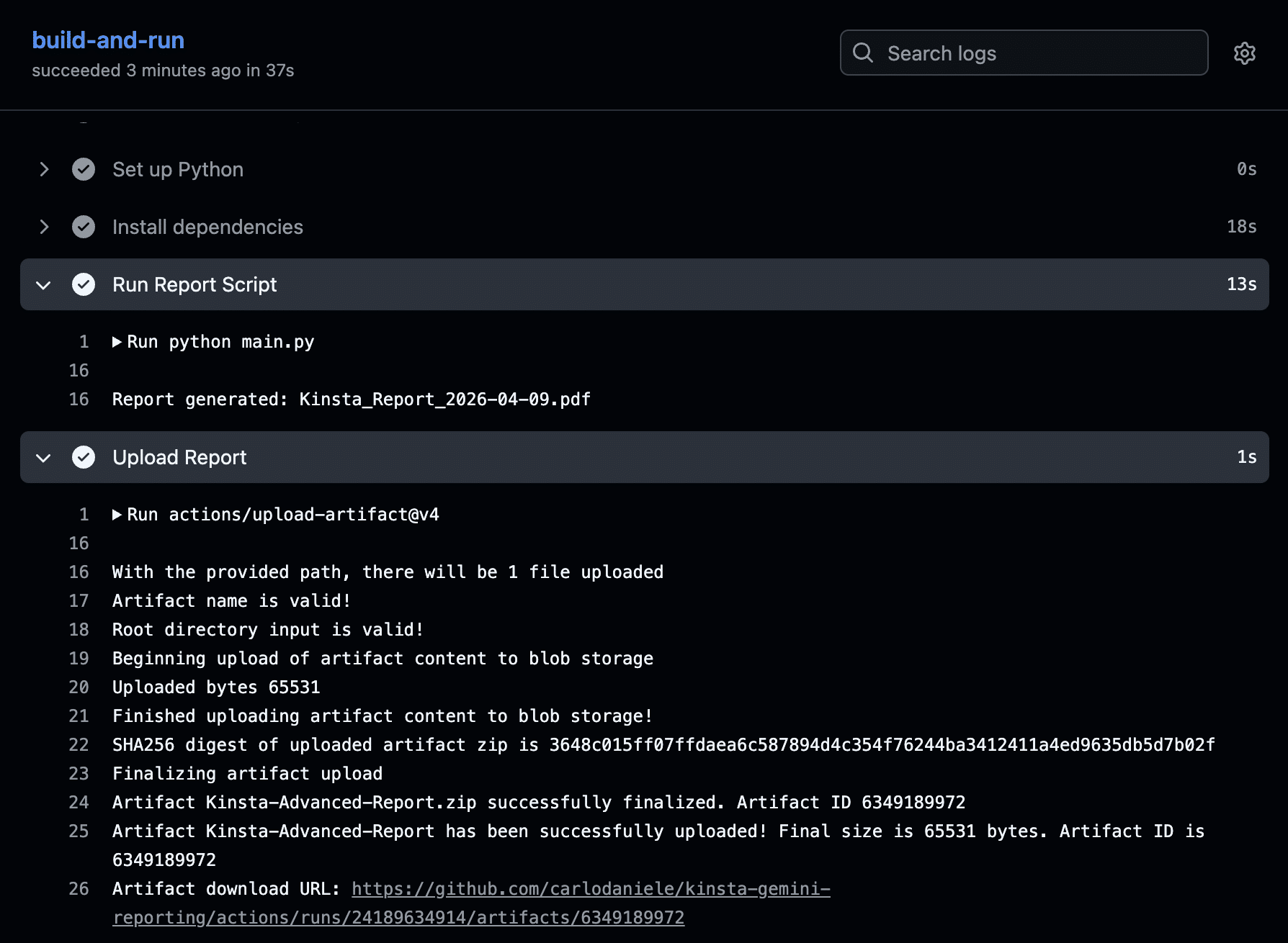 Run Report Script and Upload Report actions.