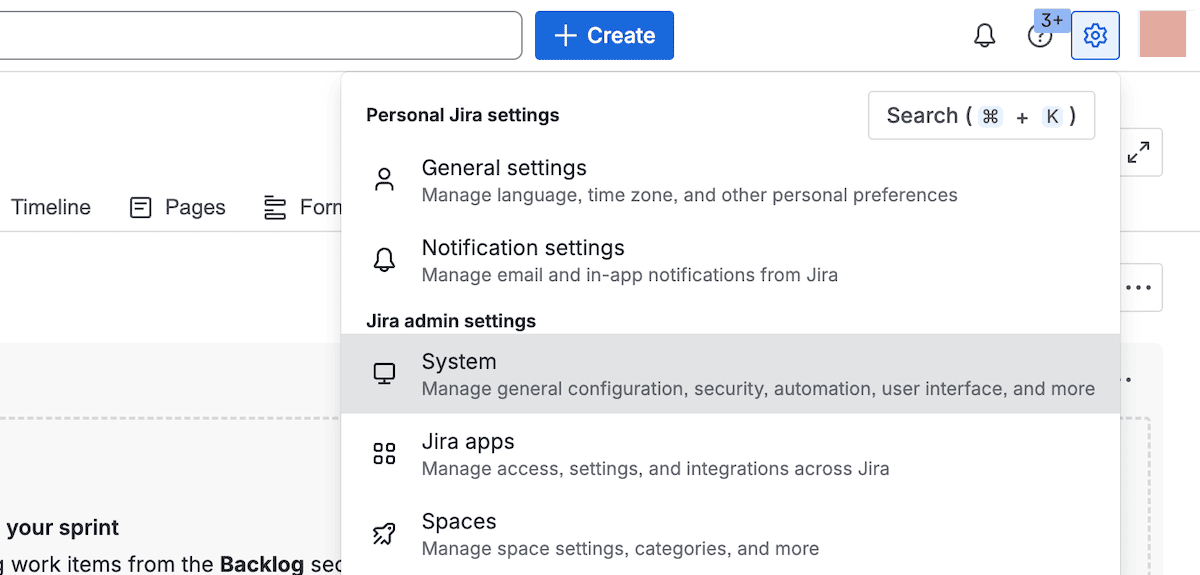 The Jira Cloud System option within the general settings menu of the Jira user interface.