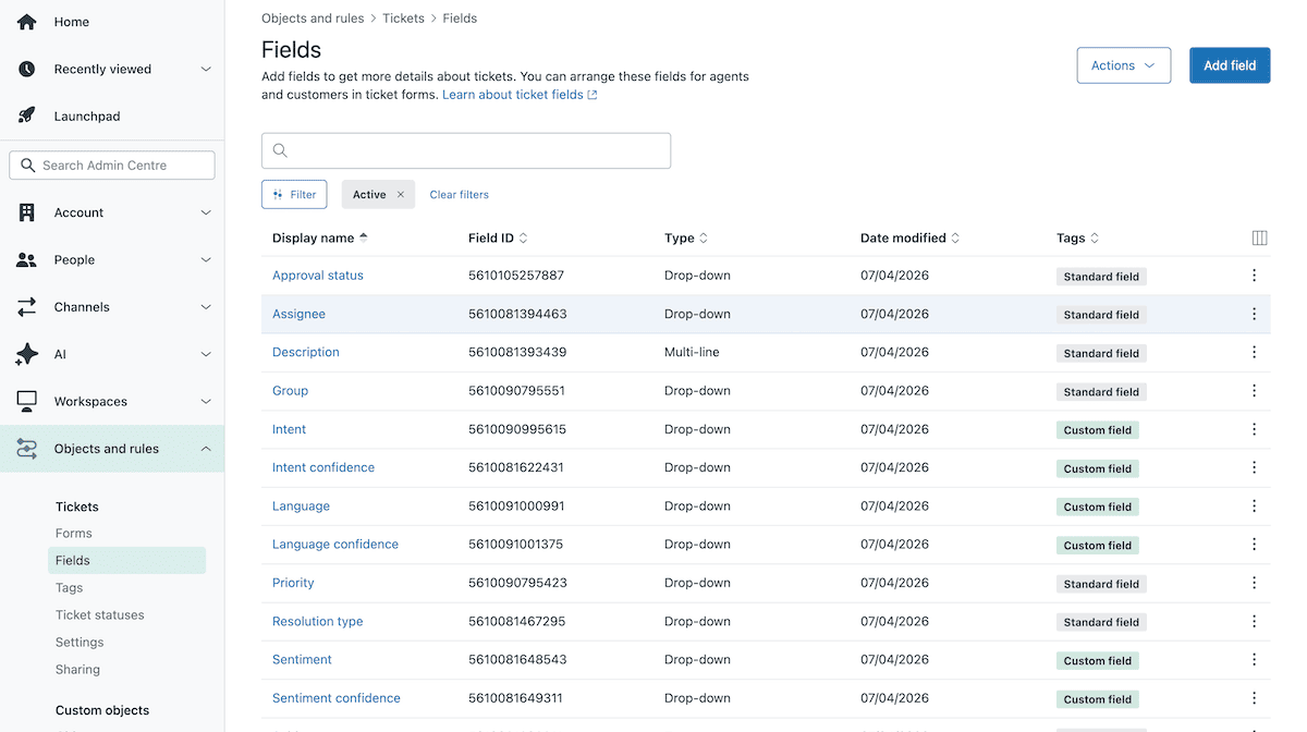 The Zendesk Tickets and Fields screen, where you create a new custom text field to input the Kinsta site ID.