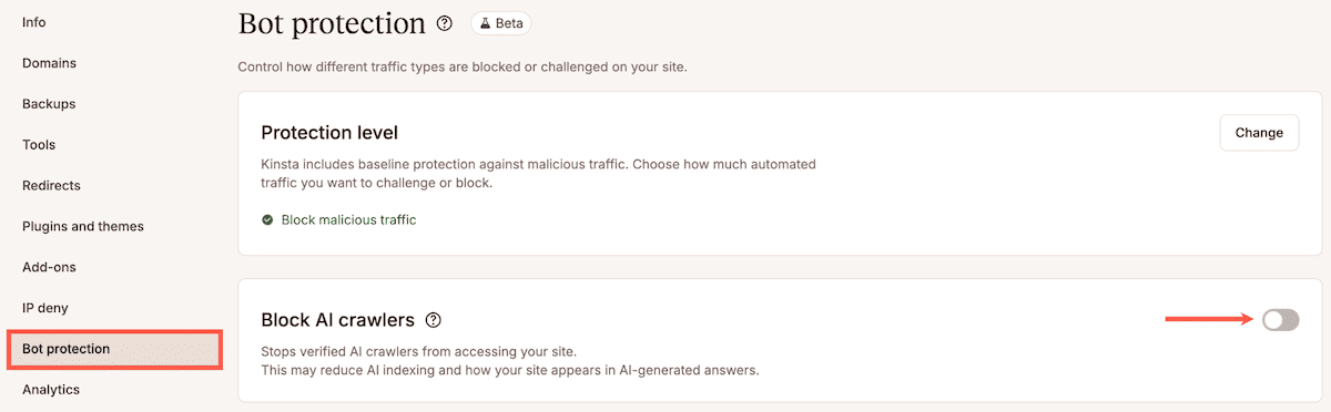 The Bot Protection screen in MyKinsta showing the Block AI Crawlers toggle switch.