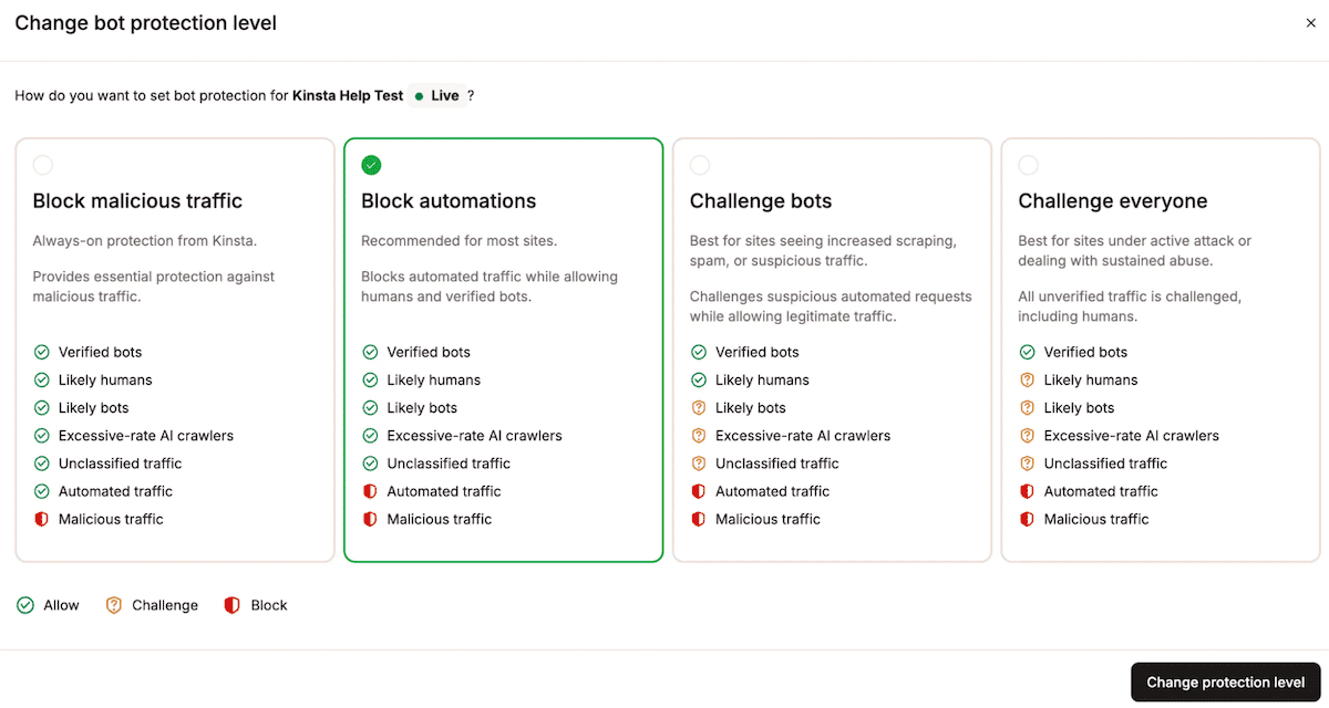 The Protection level screen within MyKinsta showing the four protection levels available.