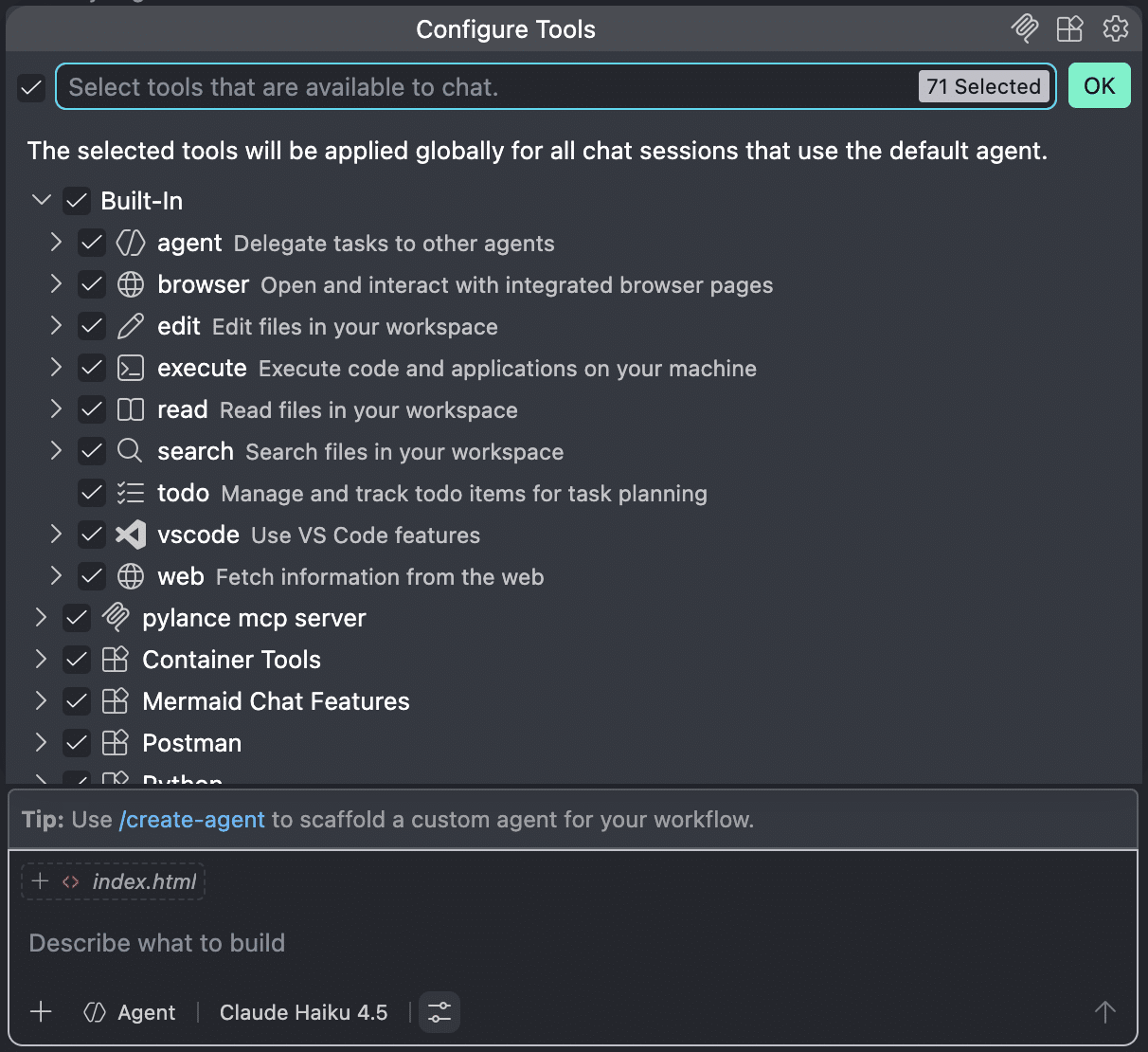 The tools available in Copilot Agent mode
