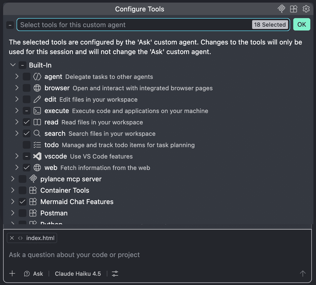 The tools available in Copilot Ask mode