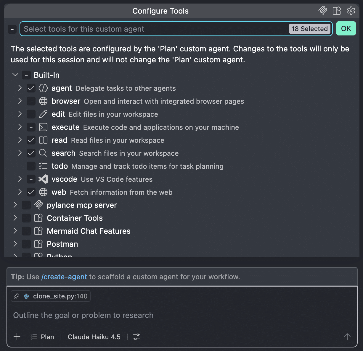 The tools available in Copilot Plan mode