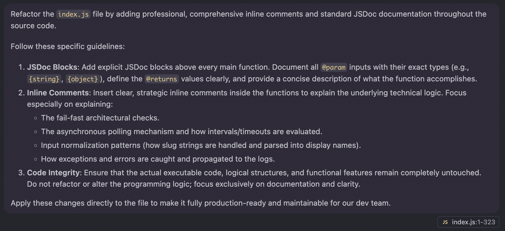 A detailed prompt to create inline documentation