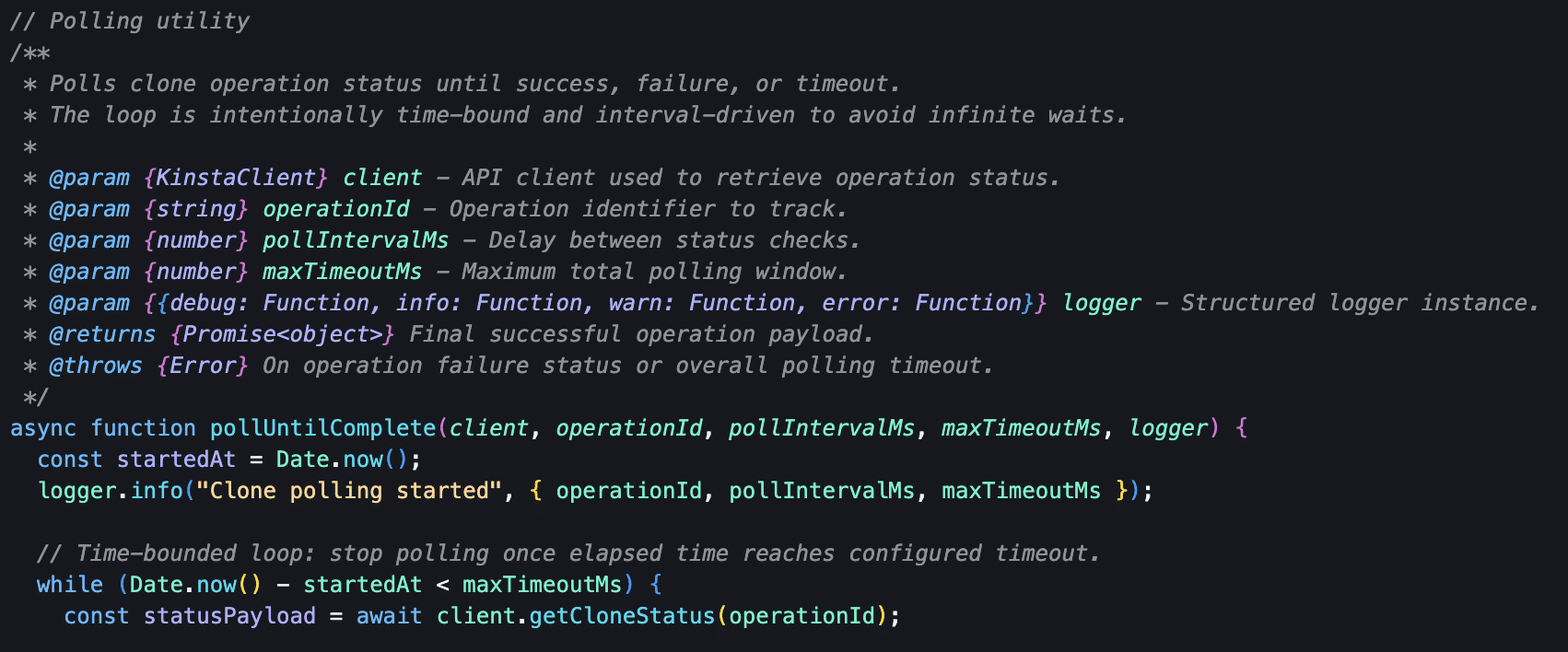 The JSDoc block for the pollUntilComplete function