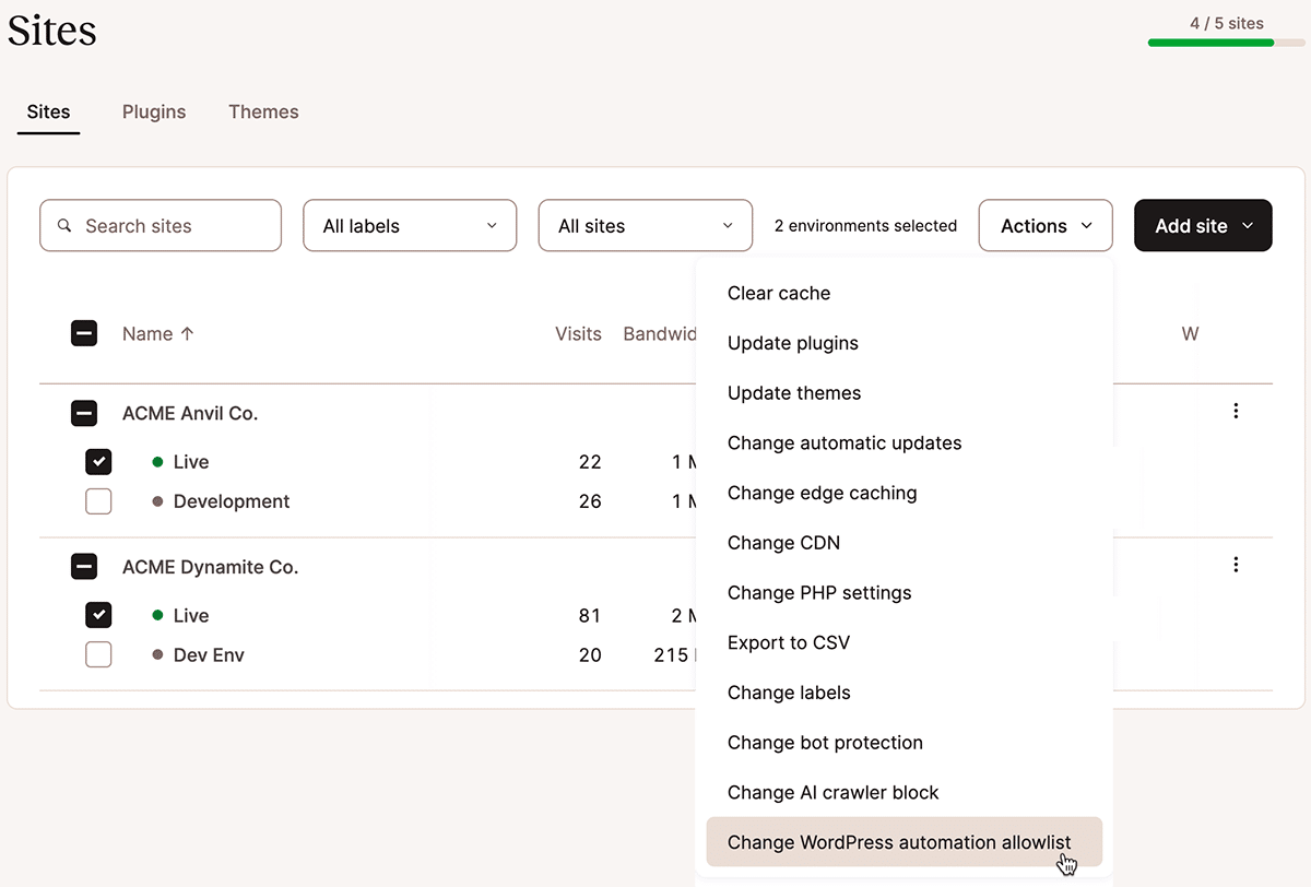 A screenshot showing multiple sites selected and Bot protection options visible in the Actions menu.