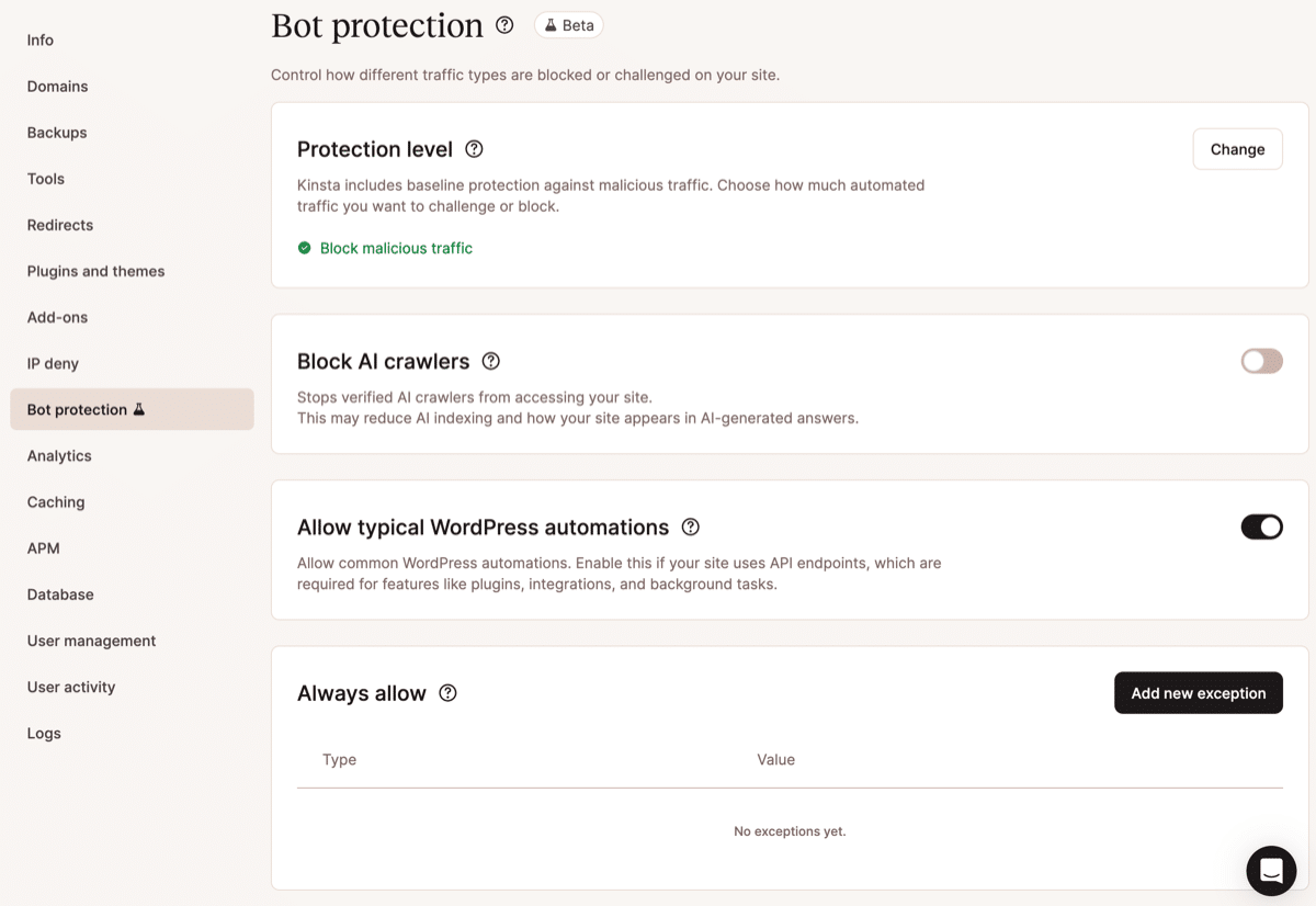 A screenshot of the Beta version of the new Bot protection page in MyKinsta.