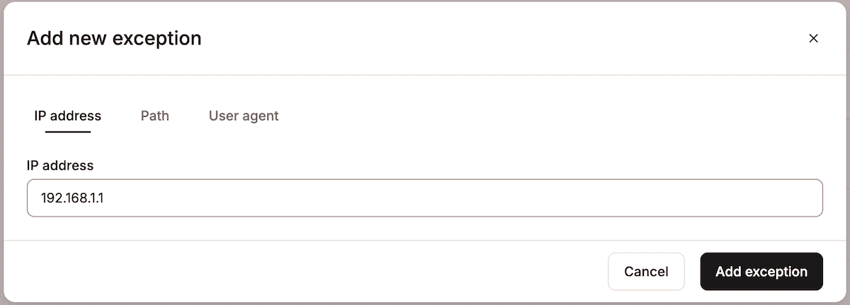 The Add New Exception panel within MyKinsta's Bot Protection panel.