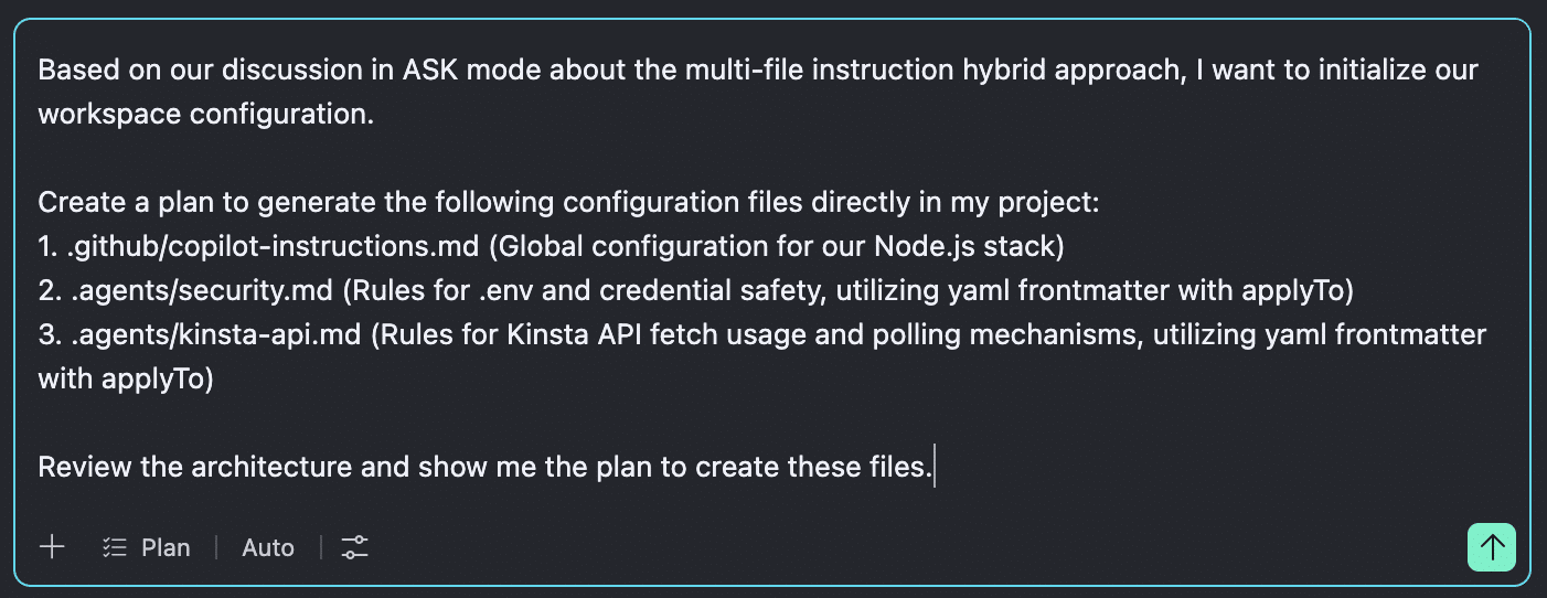 Planning instructions architecture in Copilot chat