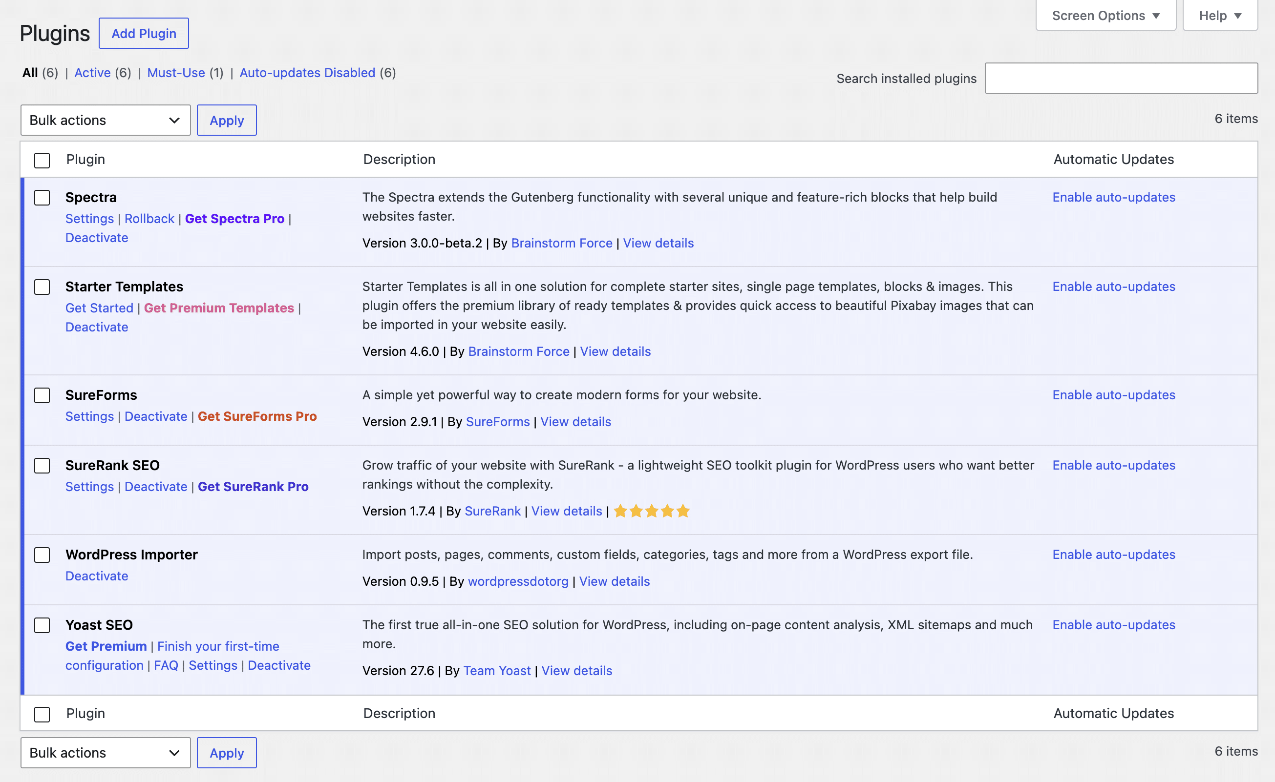 Plugins admin screen