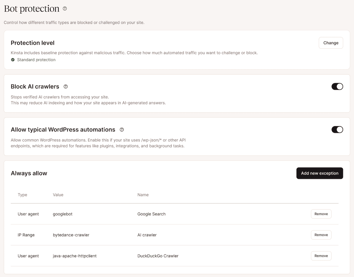 MyKinsta's Bot Protection screen showing a toggle to block AI crawlers and the option to change the protection level.