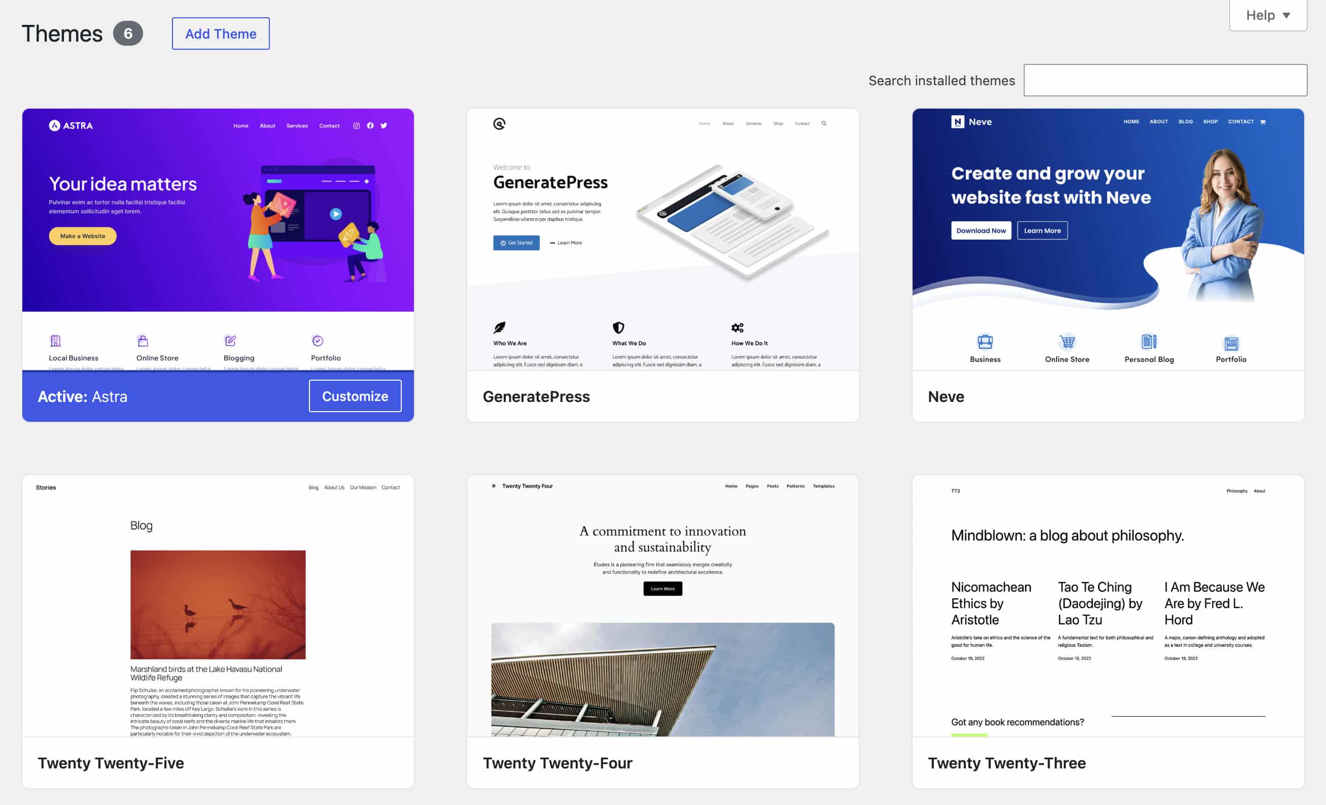 Themes admin screen