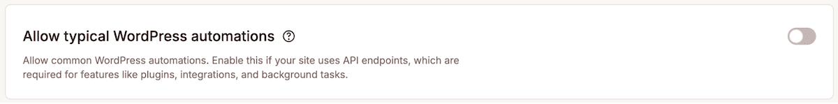 The Allow typical WordPress automations toggle panel within MyKinsta.