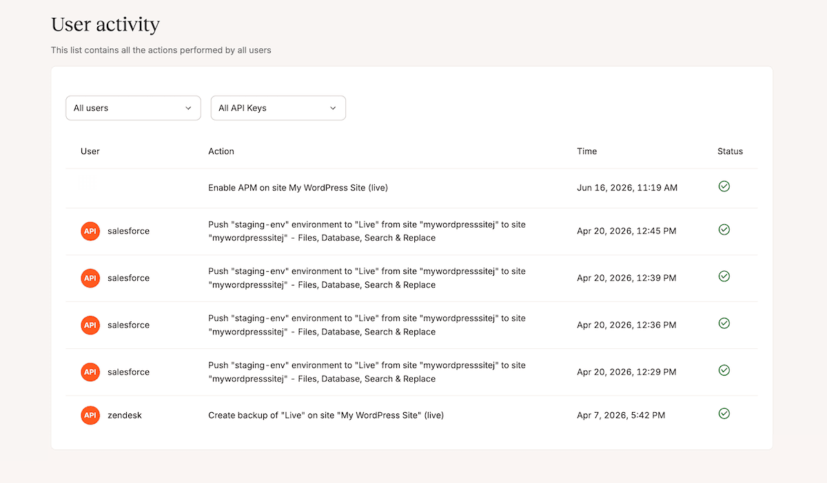 The activity log in MyKinsta showing timestamped actions with the responsible user and a status icon.