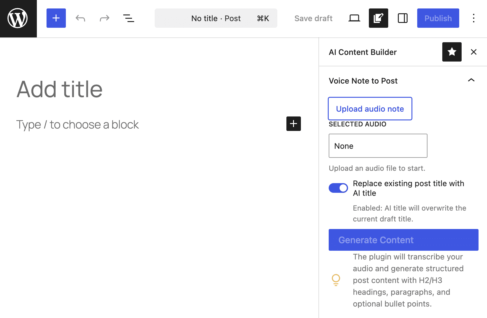 The AI Content Builder sidebar