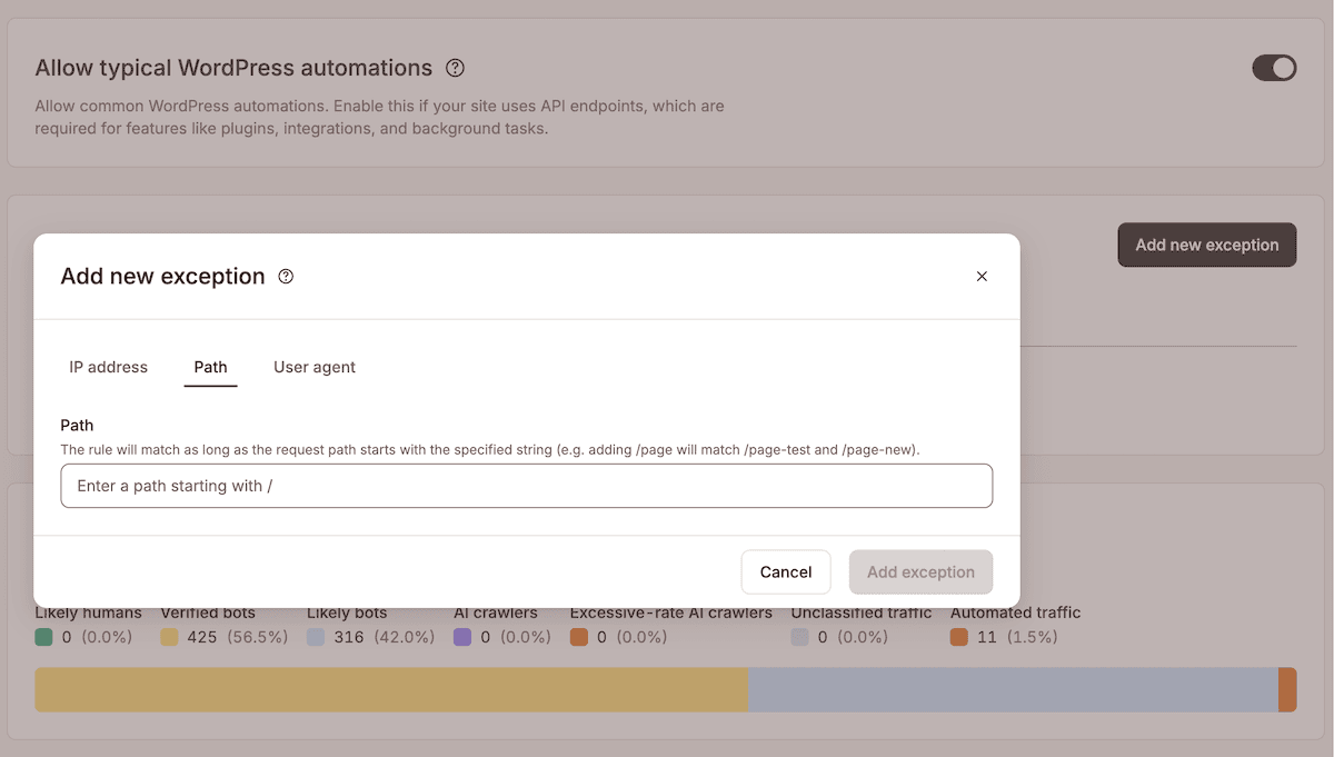 The Add new exception dialog in MyKinsta showing options to enter a new URL path, along with tabs for choosing IP addresses and user agents.