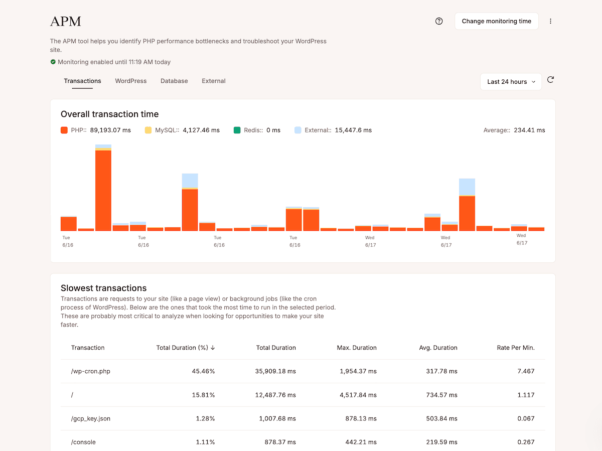 The APM section in MyKinsta showing the Overall transaction time graph and a list of slowest transactions.