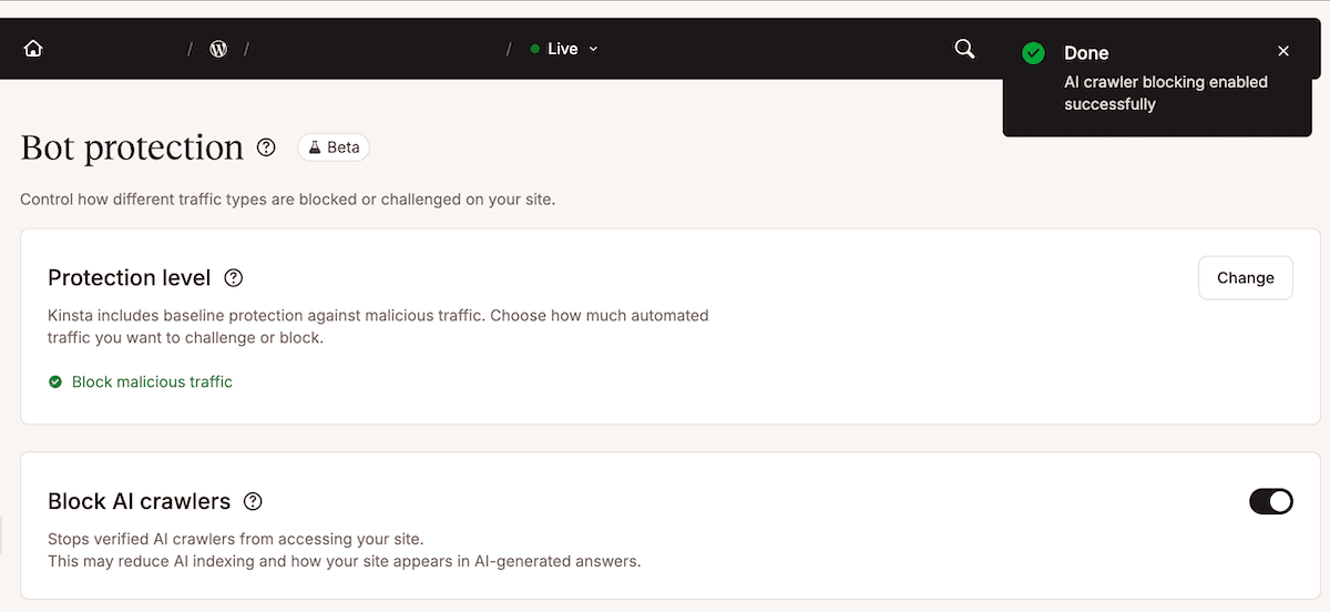 The Block AI crawlers toggle in MyKinsta in the on position, complete with explanatory text.