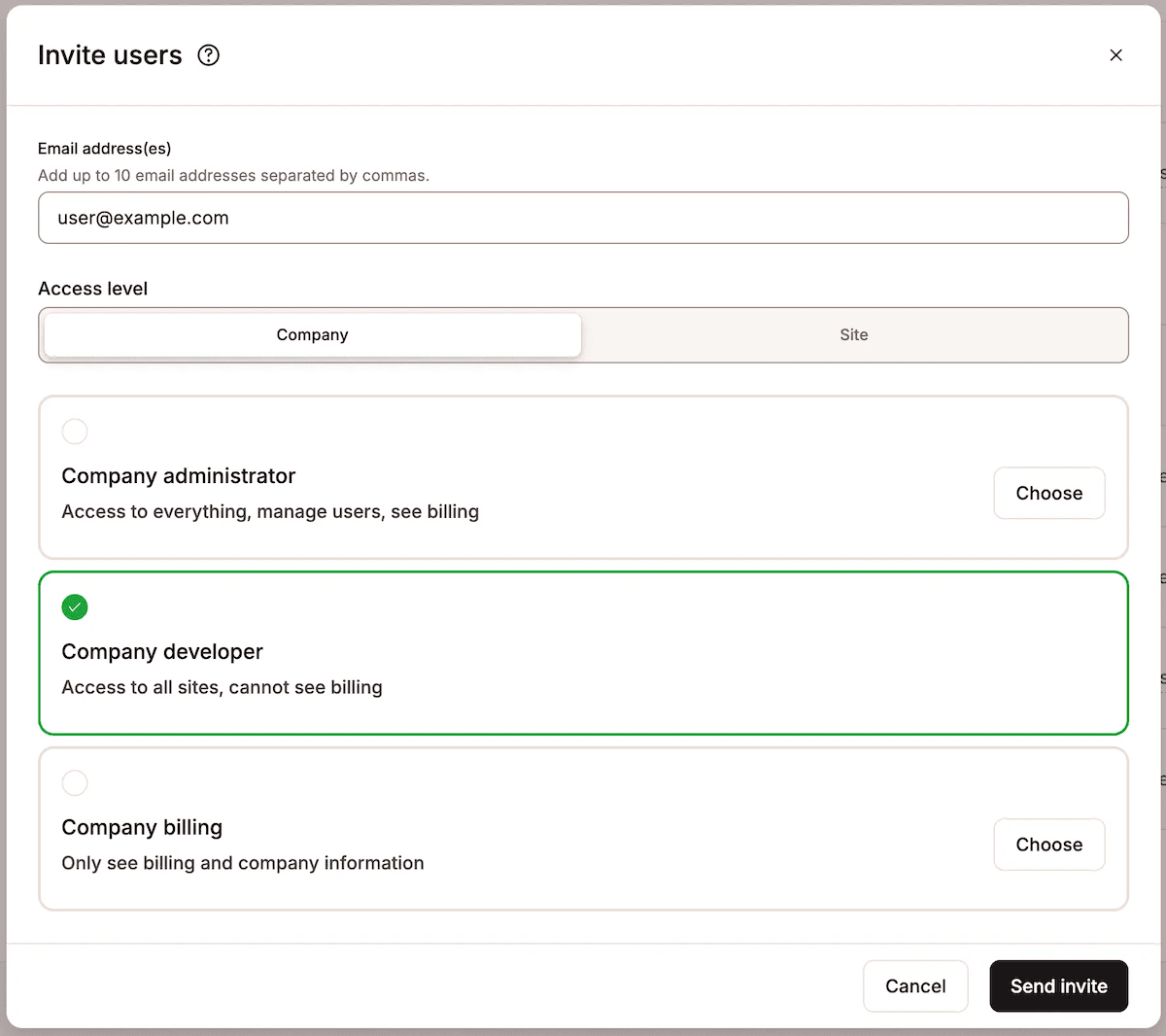A close-up of the Invite users panel showing an email address entered and the Company Developer options chosen.