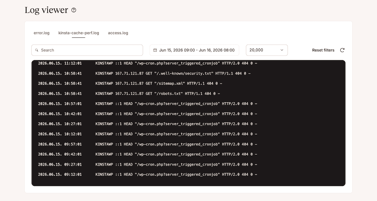 The Log viewer in MyKinsta with the file selector open showing a log file, search box, and options for filtering the data.