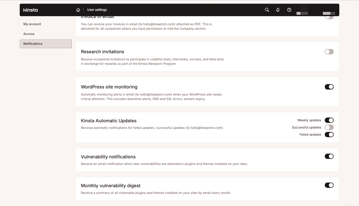 The Site Monitoring notification toggle switch within the MyKinsta User Settings screen.